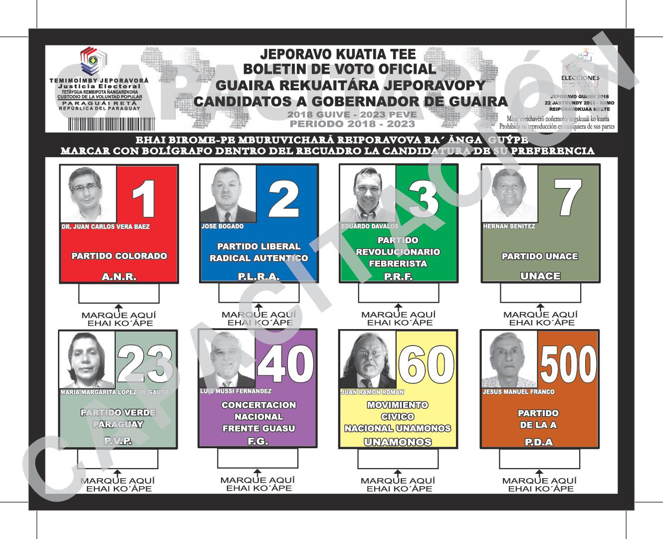 Boletin de voto de candidatos a GOBERNADOR de GUAIRA